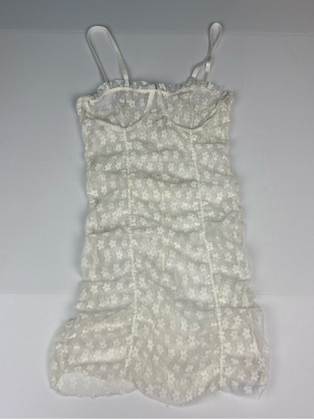 Women Medium White Floral Sheer Negligee Lingerie Dress Mini Sexy Lace Stretch